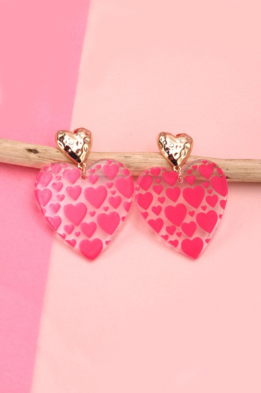 Acrylic Heart Hammered Post Earrings, Pink/Gold