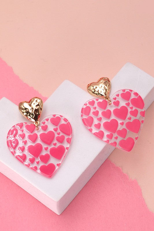 Acrylic Heart Hammered Post Earrings, Pink/Gold