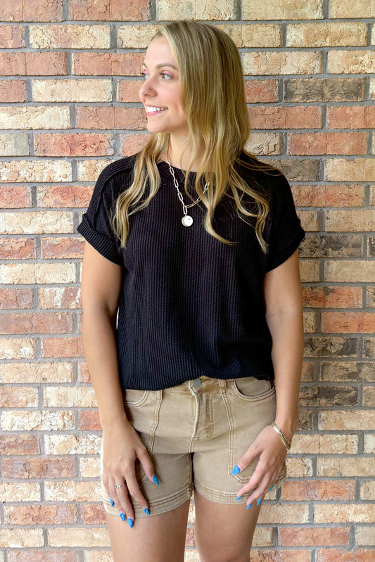 The Future is Bright Top Stitch Rib Knit Top, Black