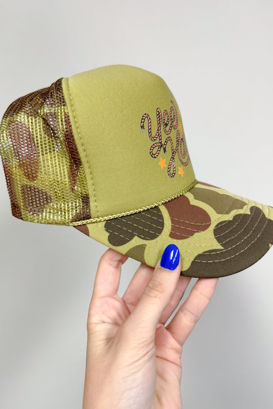 Cowboy Yee Haw Trucker Hat, Olive/Camo