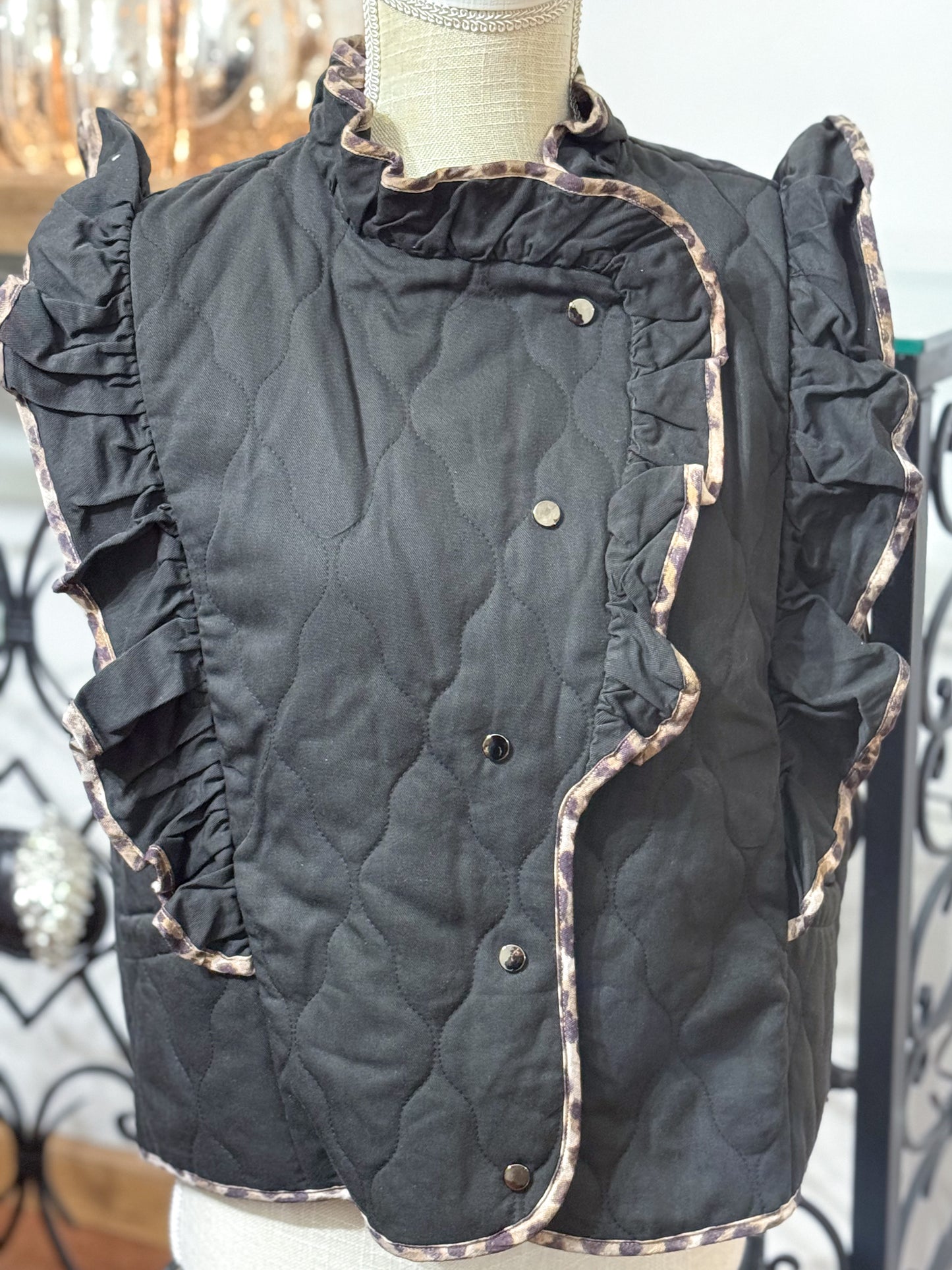 She Reigns Leopard Trim Quilted Ruffle Vest, Black