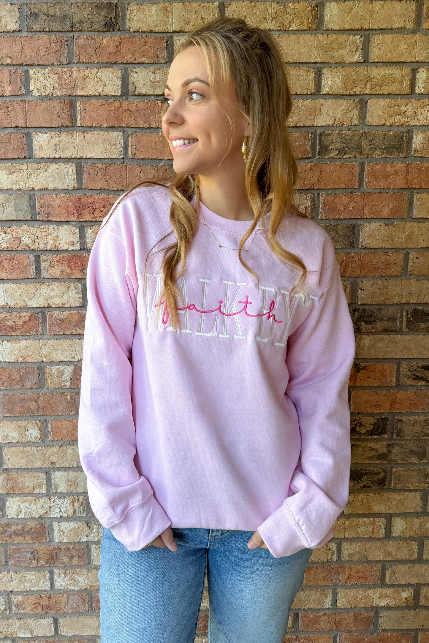 Walk By Faith Embroidered Crewneck Sweatshirt, Pink