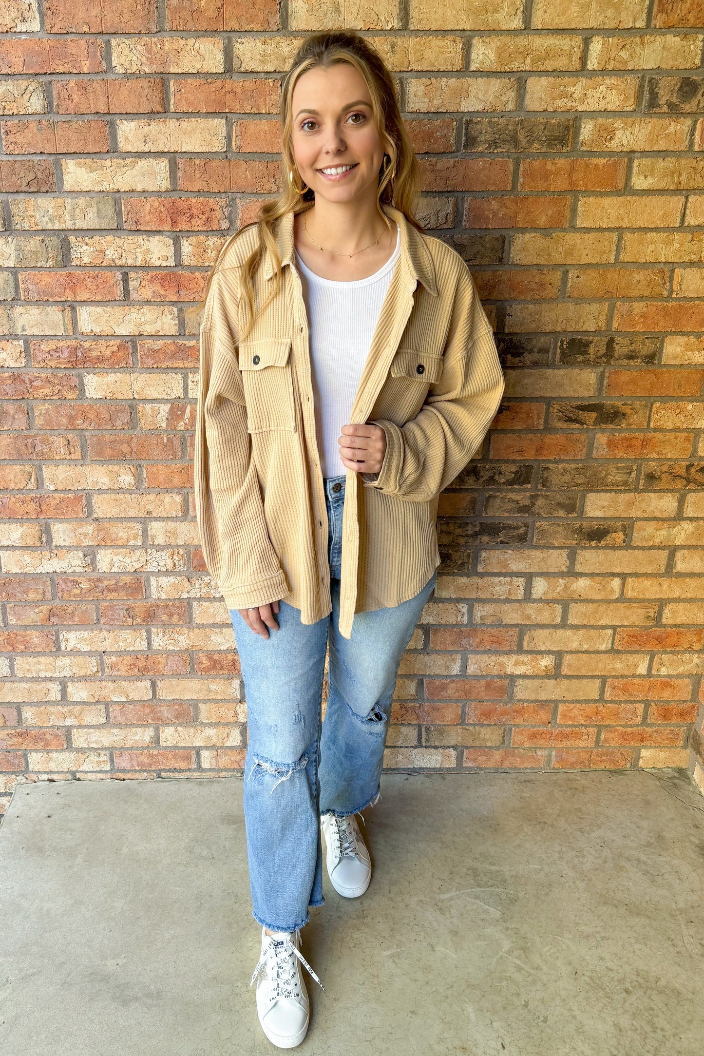 Thinking It Over Oversized Waffle Shacket, Taupe