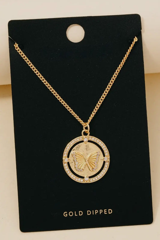 Gold Dipped Butterfly Coin Pendant Necklace, Gold