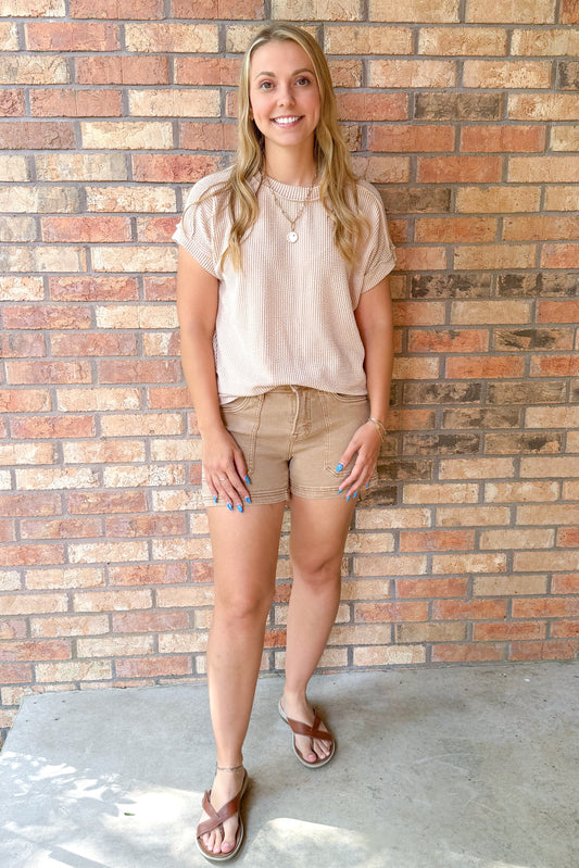The Future is Bright Top Stitch Rib Knit Top, Beige