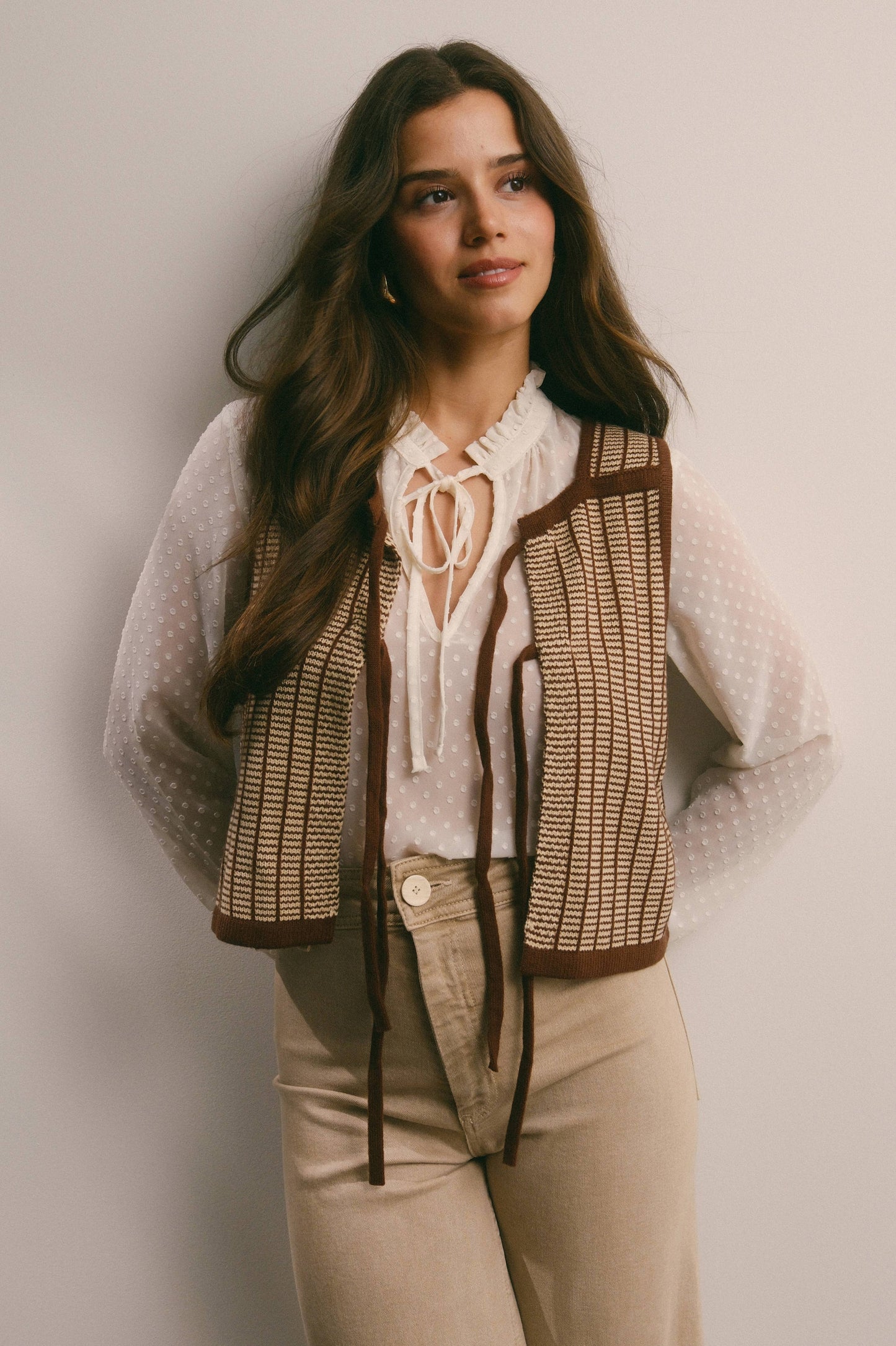 Cute as Ever Tie-Front Striped Knit Vest, Mocha