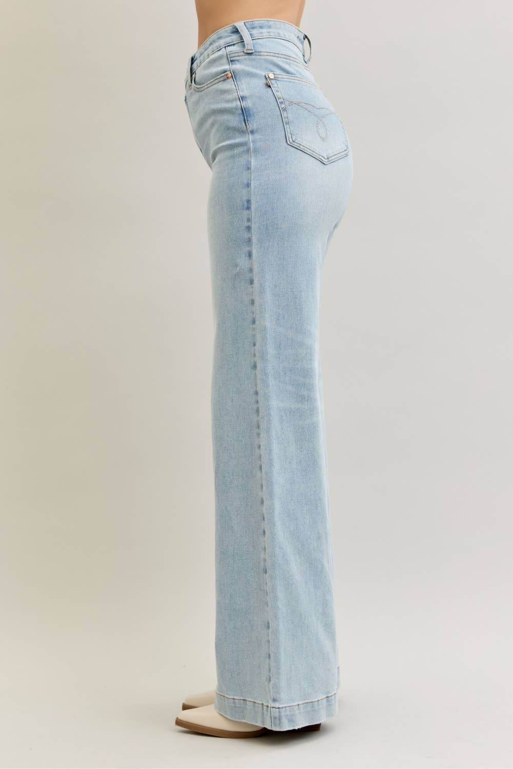 High Waisted Retro Wide Criss-Cross Waist Band Mild Destroy Judy Blue Jeans, Light Wash