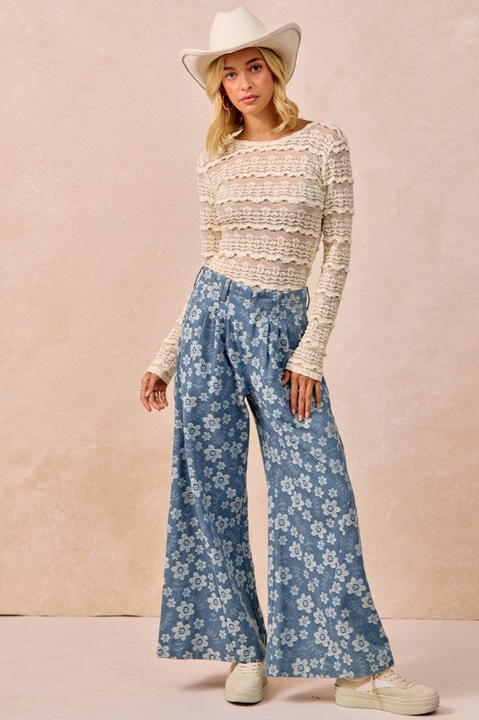 Lady Lux Ruffles Detail Flower Lace Sheer Top, Cream