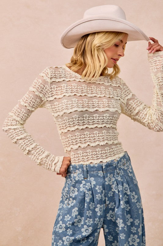 Lady Lux Ruffles Detail Flower Lace Sheer Top, Cream