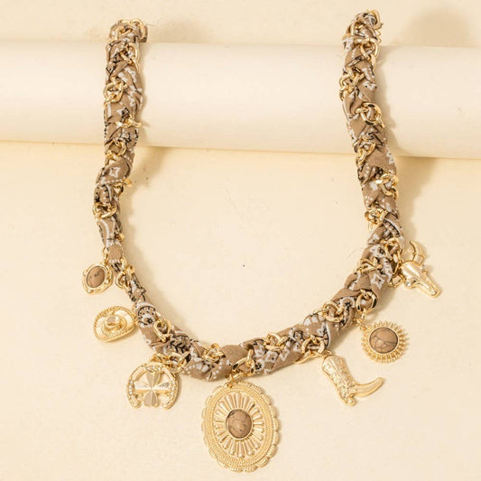 Western Stone Set Concho Charms Paisley Bandana And Chain Braided Necklace, Gold/Beige