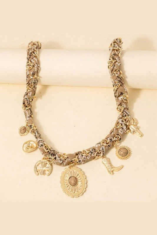 Western Stone Set Concho Charms Paisley Bandana And Chain Braided Necklace, Gold/Beige