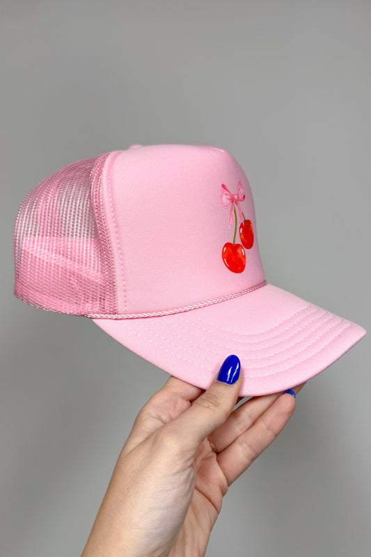 Bow Cherry Trucker Hat, Pink