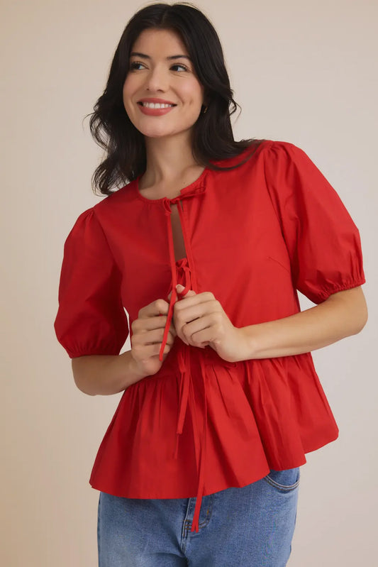 So Classic Front Tie Puff Half Sleeve Top, Red