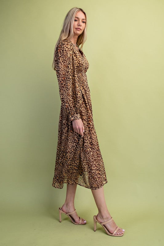 Miss Independent Metallic Accented Cheetah Print V-neck Midi Dress