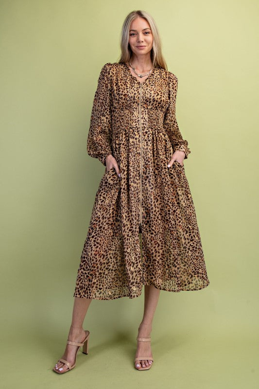 Miss Independent Metallic Accented Cheetah Print V-neck Midi Dress