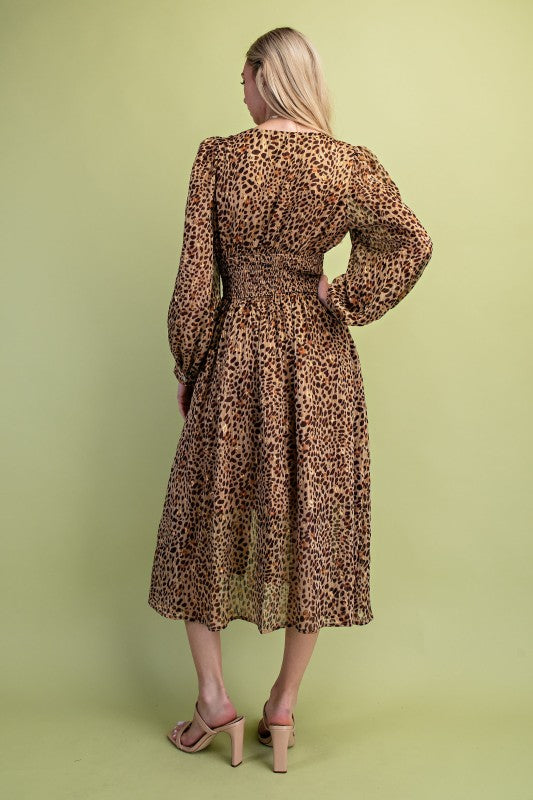Miss Independent Metallic Accented Cheetah Print V-neck Midi Dress
