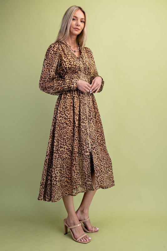 Miss Independent Metallic Accented Cheetah Print V-neck Midi Dress