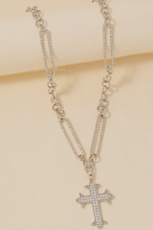Pave Gothic Cross Pendant Chain Necklace, Silver