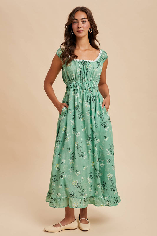 Blooming With Grace Cotton Floral Ruched Maxi Dress, Eucalyptus