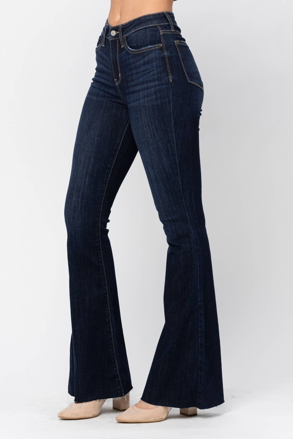 High Waisted Raw Hem Flare Judy Blue Jeans, Dark Wash