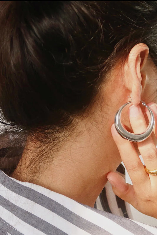 Classic 18K Gold Plated Stainless Steel Large Hoop Earrings, Silver