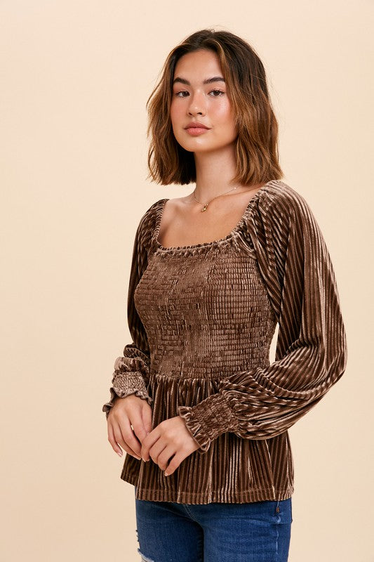 Then and Now Ribbed Velvet Square Neck Top, Mocha