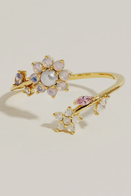 Mixed Studded Floral Adjustable Ring, Gold