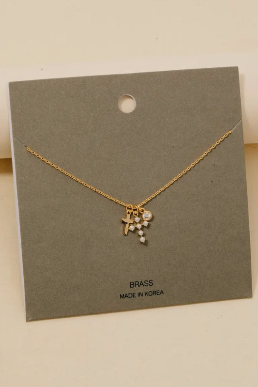 Pearl Cross and Gem Charms Chain Necklace, Gold