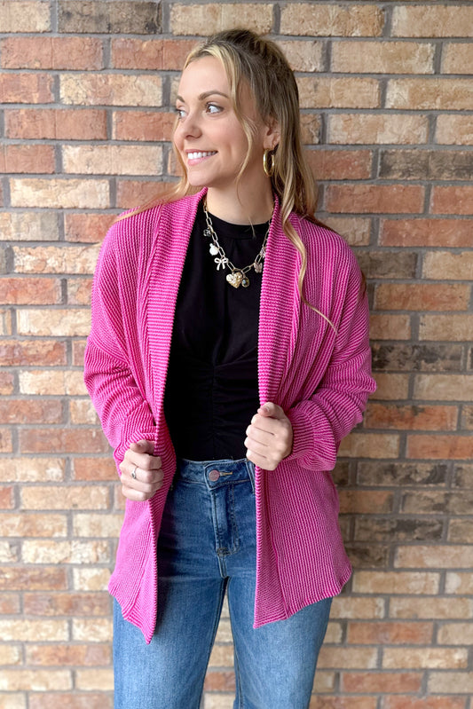 Road Less Traveled Ribbed Crop Cardigan, Fuchsia