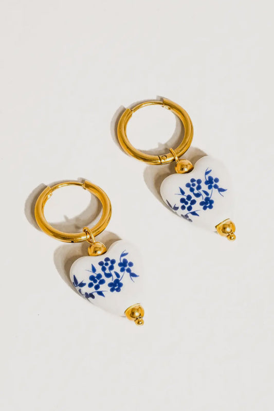 Away We Go Ceramic Floral Heart 18K Gold Plated Stainless Steel Earrings, Blue