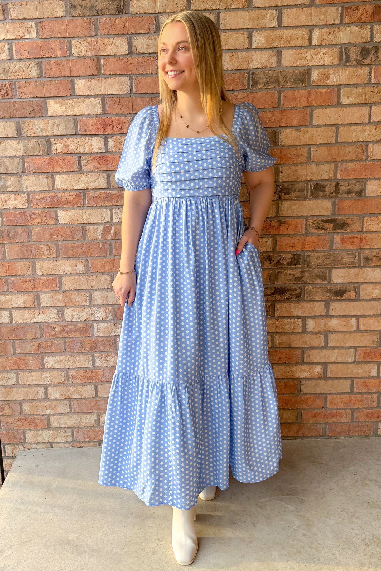 Just Say Yes Pleated Polka Dot Maxi Dress, Blue