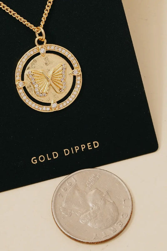 Gold Dipped Butterfly Coin Pendant Necklace, Gold