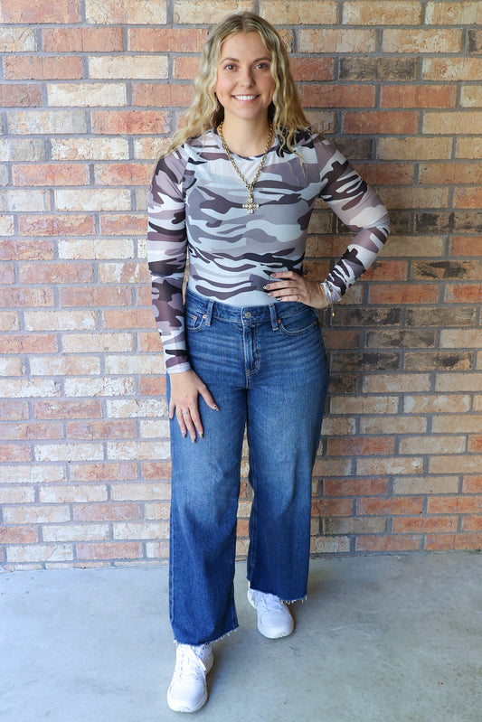 Hidden Agenda Camouflage Print Mesh Top, White/Black/Grey