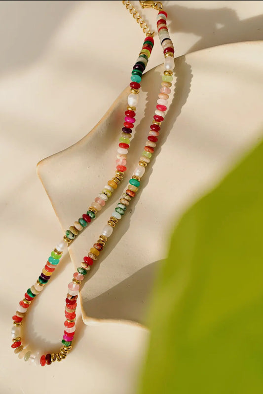 Sunny Boho Color Beaded 18K Gold Plated Stainless Steel Necklace, Multi