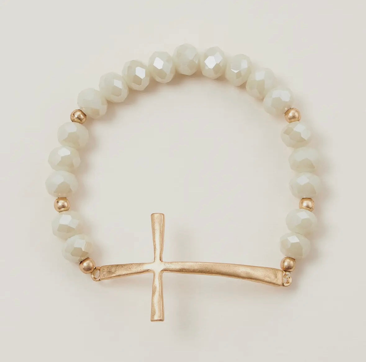 Cross Charm Glass Beaded Bracelet, Natural