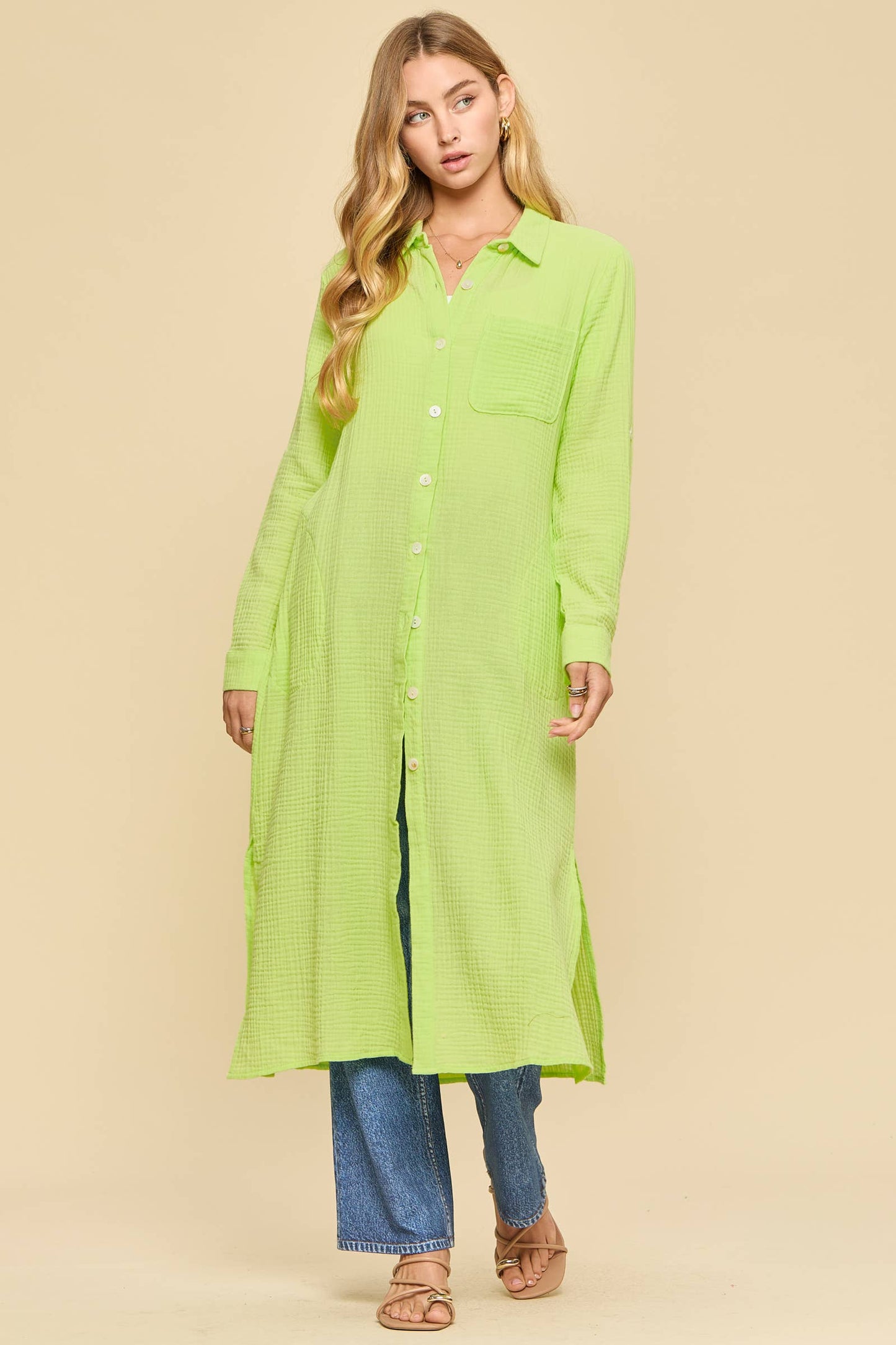 Soak Up The Sun Breathable Cotton Button-Down Duster, Limeade