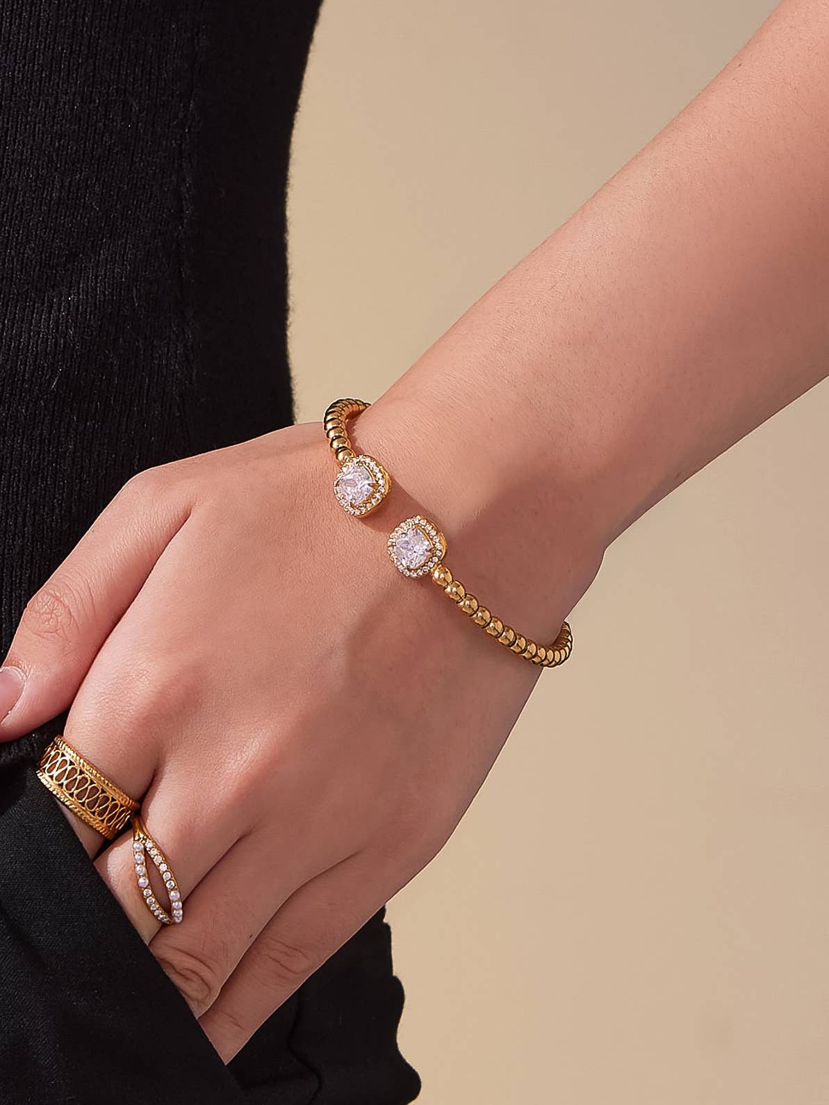 Gracie 18K Gold Plated Stainless Steel CZ Beaded Bangle, Gold