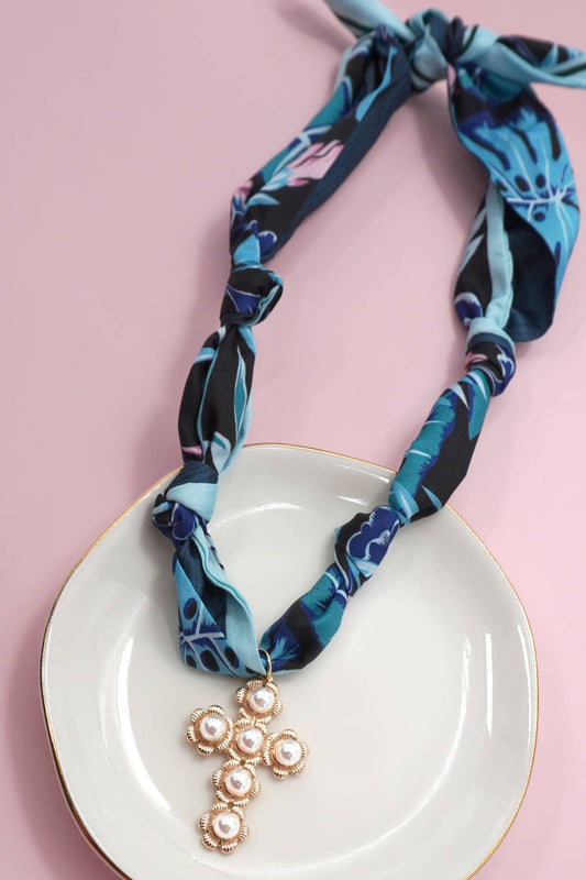 Handmade Blue Scarf Cross Charm Necklace