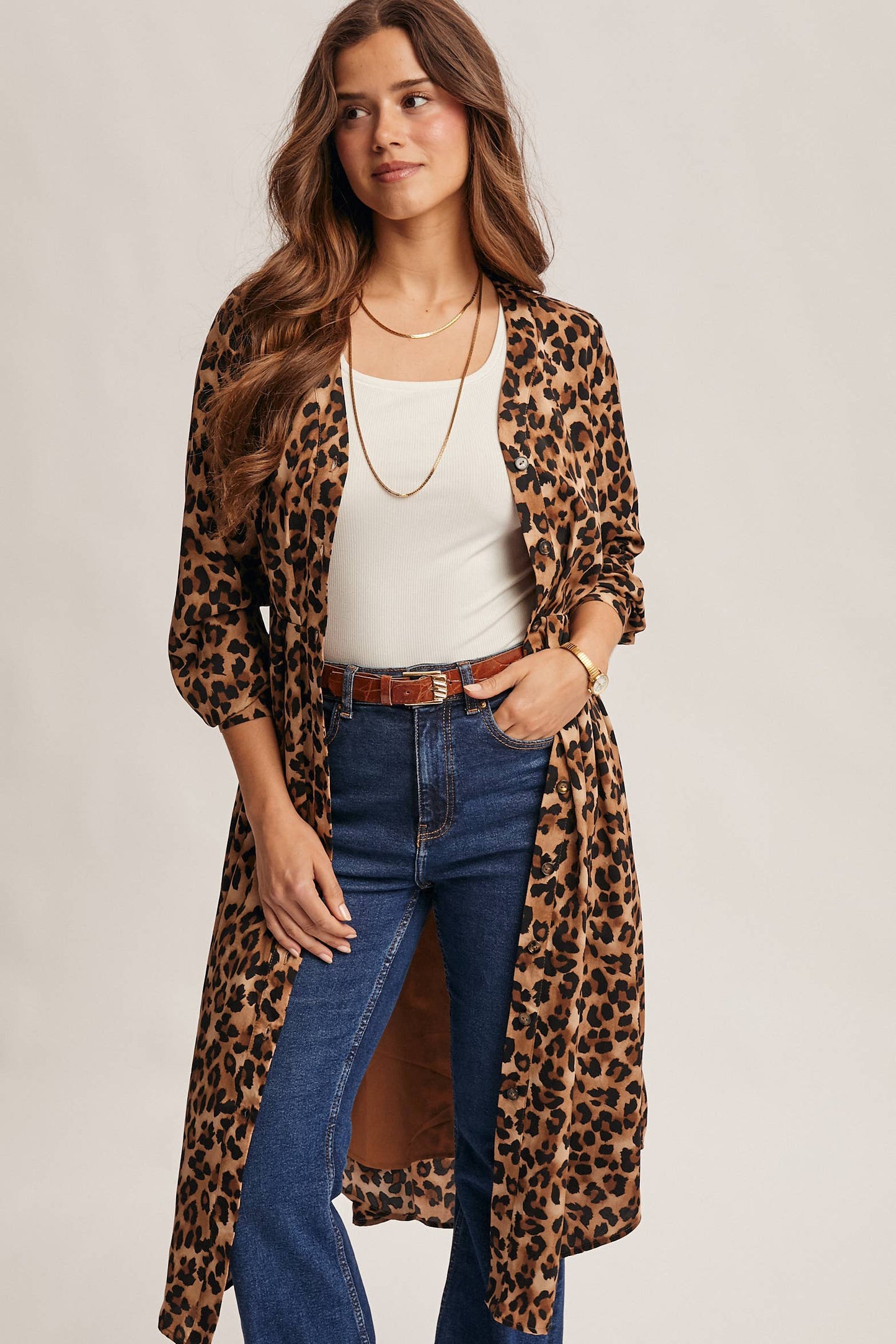 Wild Romance Leopard Print Button-Front Cardigan/Midi Dress