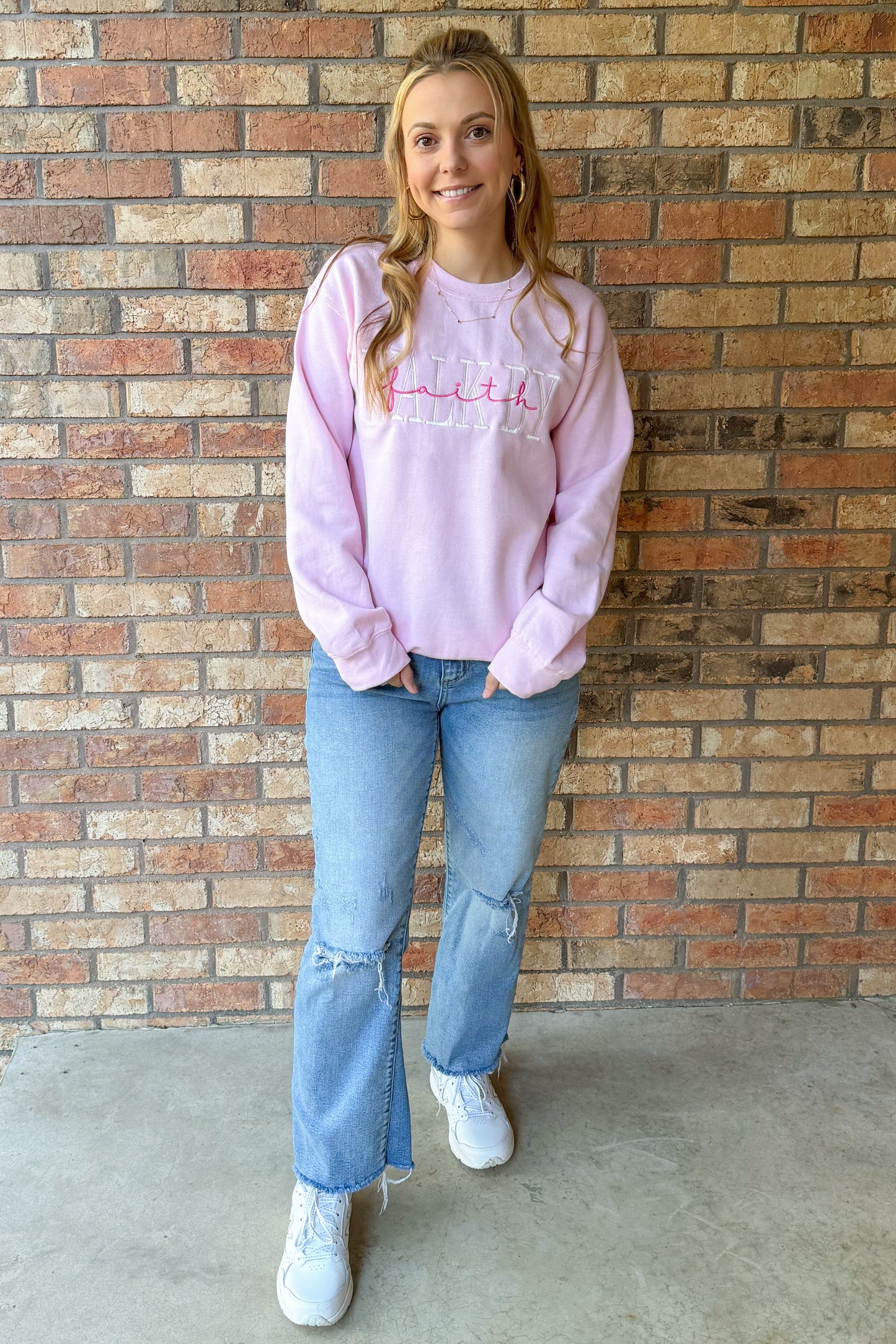 Walk By Faith Embroidered Crewneck Sweatshirt, Pink