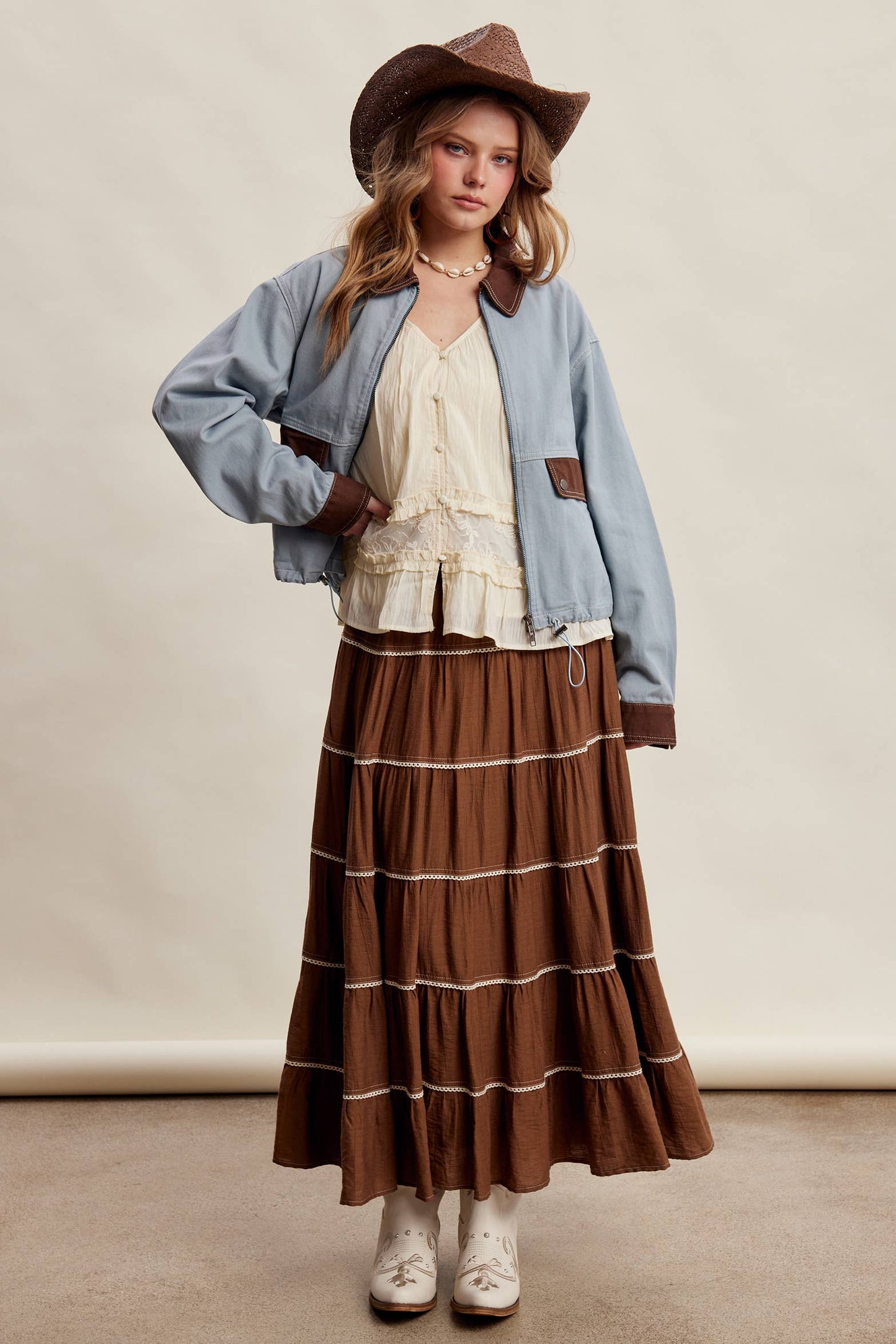 The Scenic Route Contrast Trim Western Utility Jacket, Dusty Blue