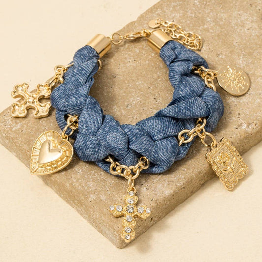 Mixed Cross And Heart Floral Charms Denim Braided Bracelet, Gold