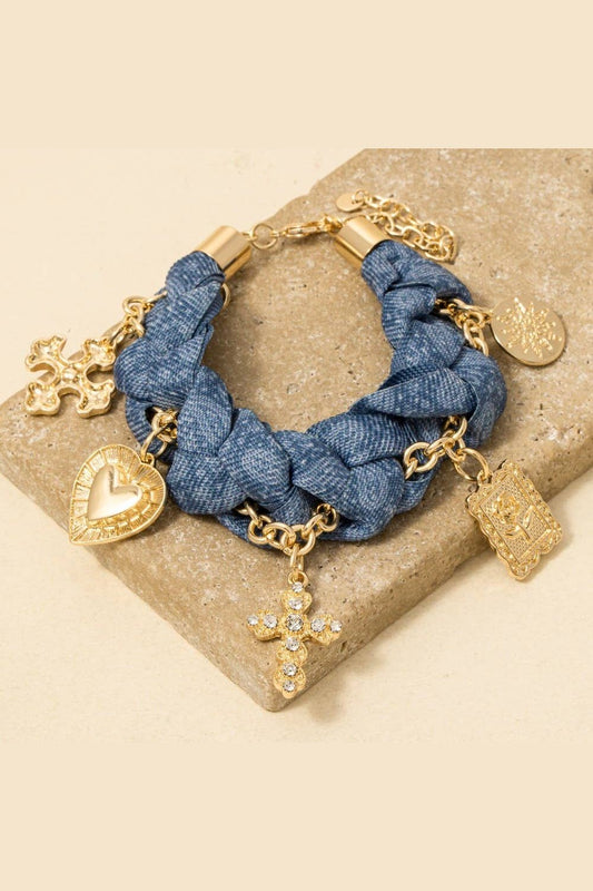 Mixed Cross And Heart Floral Charms Denim Braided Bracelet, Gold