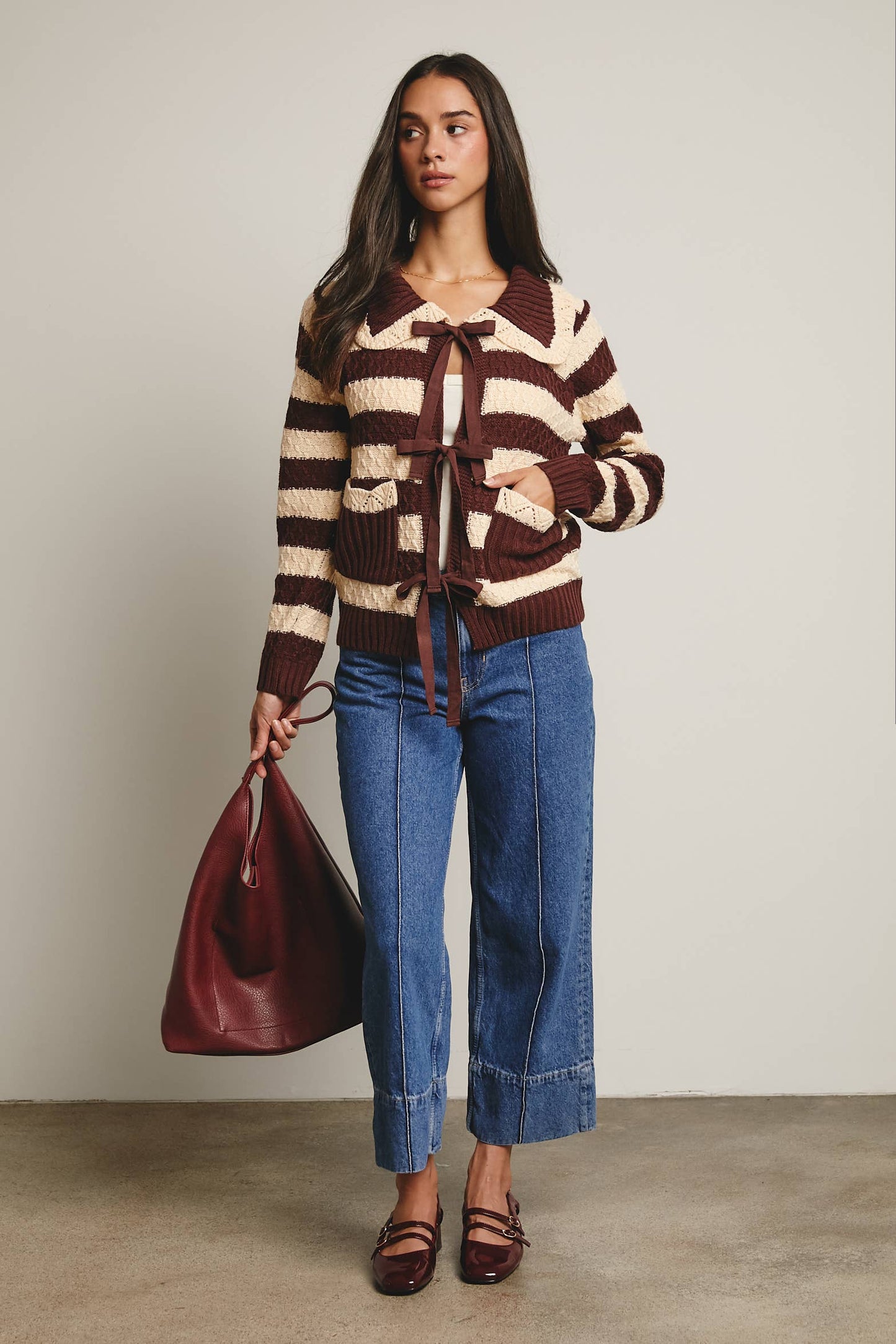 Coffee Date Striped Knit Peter Pan Collar Cardigan, Mocha