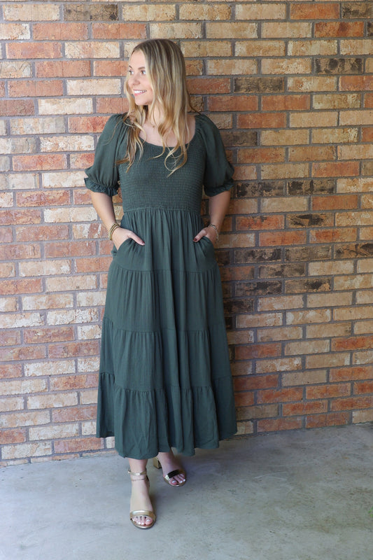 Jolene Smocked Tiered Maxi Dress, Forest Green