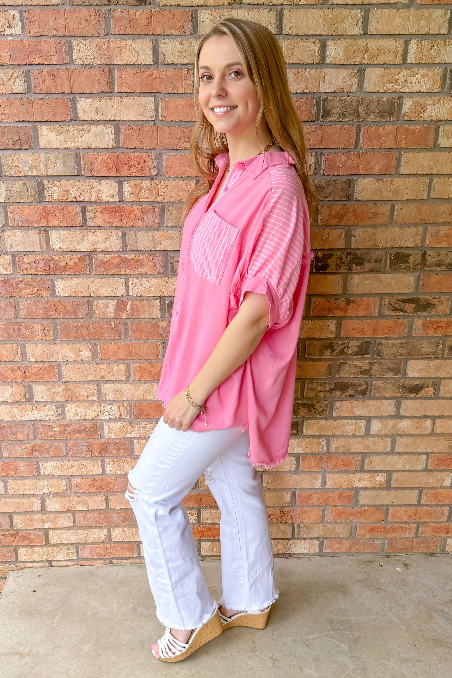 Taking Chances Oversized Button Down Stripped Top, Bubblegum