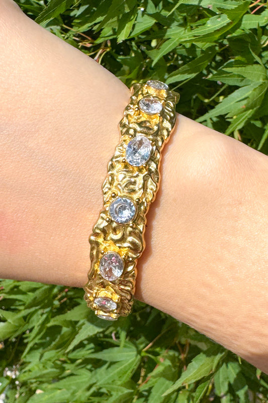 Mira Inlaid Clear Zircon 18K Gold Plated Stainless Steel Hammer Texture Cuff, Gold