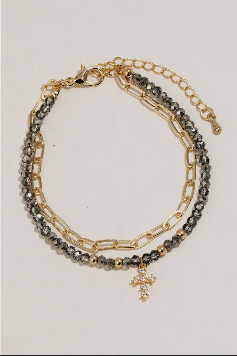 Studded Cross Charm Layered Bracelet, Grey