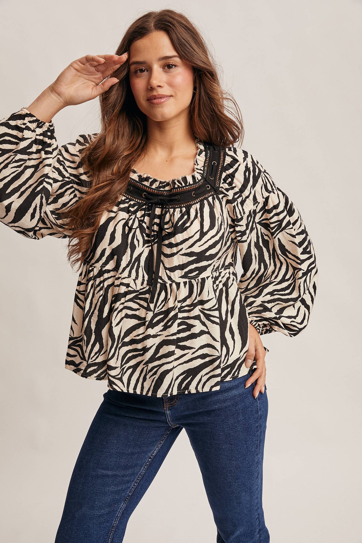 Running Wild Zebra Jacquard Blouse with Faux Leather Trim, Black