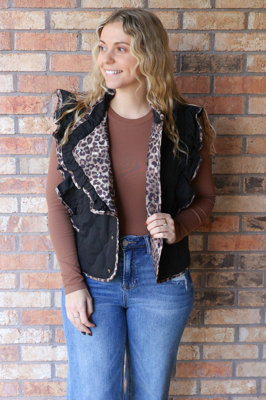 She Reigns Leopard Trim Quilted Ruffle Vest, Black